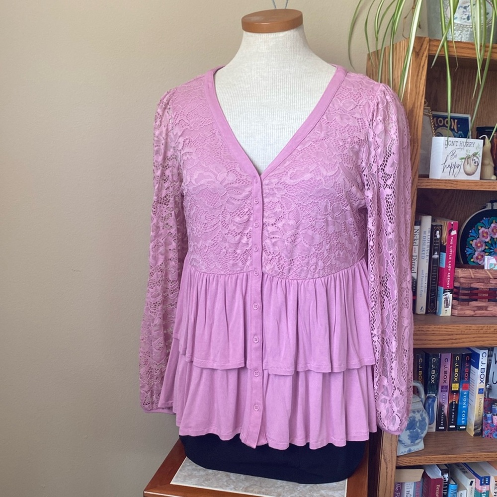 Torrid Super Soft Knit Lace Long Sleeve Ruffle Top Light Purple/Pink Size 1